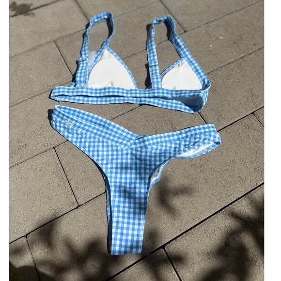 Double Zero Blue Gingham 2 Piece Bikinis Set Cottagecore Fairy Milkmaid Beach - Picture 2 of 3